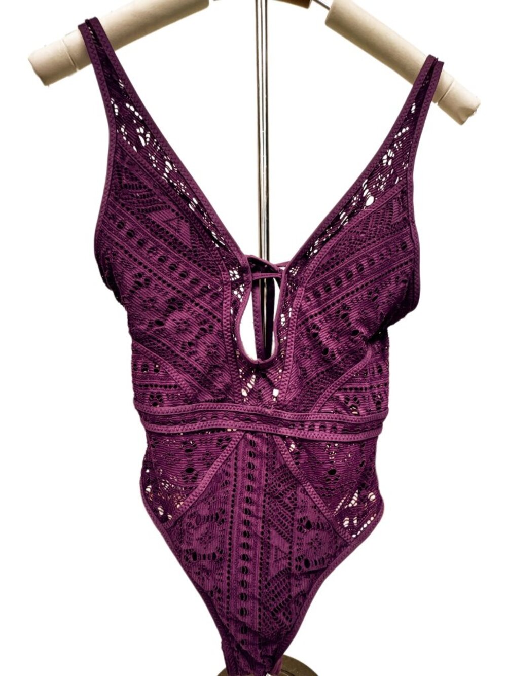 Becca Purple Crochet Lace One Piece Swimsuit High Cut V-neck Summer Bathing Suit
